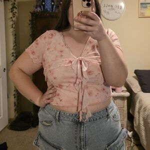 SHEIN Size 2X Pink Floral Blouse Cropped